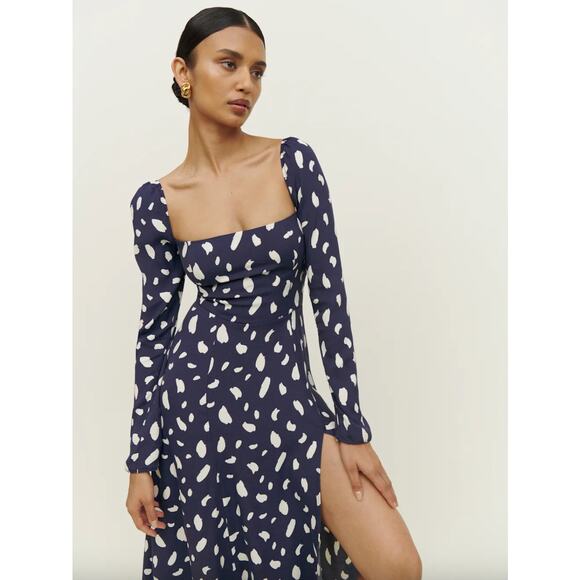 Reformation Sigmund Midi Dress Splatter Pattern Print Milkmaid Feminine Size 6 - Picture 1 of 6